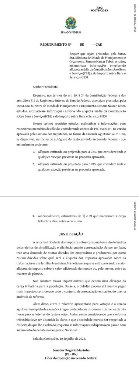 rogeriosmarinho's tweet photo. A Comissão de Assuntos Econômicos (CAE) do Senado aprovou hoje dois requerimentos que apresentamos. Esses requerimentos solicitam aos ministros @Haddad_Fernando e @simonetebetbr informações detalhadas sobre a alíquota média da Contribuição sobre Bens e Serviços (CBS) e do Imposto sobre Bens e Serviços (IBS) no contexto da reforma tributária, bem como estimativas da carga tributária sobre o consumo.

Essa aprovação é um passo crucial para garantir a transparência e o debate sobre a reforma tributária. Reitero minhas expectativas de que, agora, o governo cumpra sua parte e faça os estudos e cenários que deem a tranquilidade de que todos os compromissos que foram celebrados, por ocasião da aprovação da reforma tributária na Câmara dos Deputados, poderão ser agasalhados na ordem tributária vigente sem que isso signifique aumento de impostos para o cidadão. 

Permaneço comprometido em garantir que a população esteja ciente das implicações da reforma para a carga tributária. Seguimos trabalhando juntos com todos aqueles que também têm responsabilidade e amam esse país para fazer as alterações e os aperfeiçoamentos necessários para que a reforma tributária seja justa e eficiente. É o nosso compromisso com o Brasil.

#ReformaTributaria