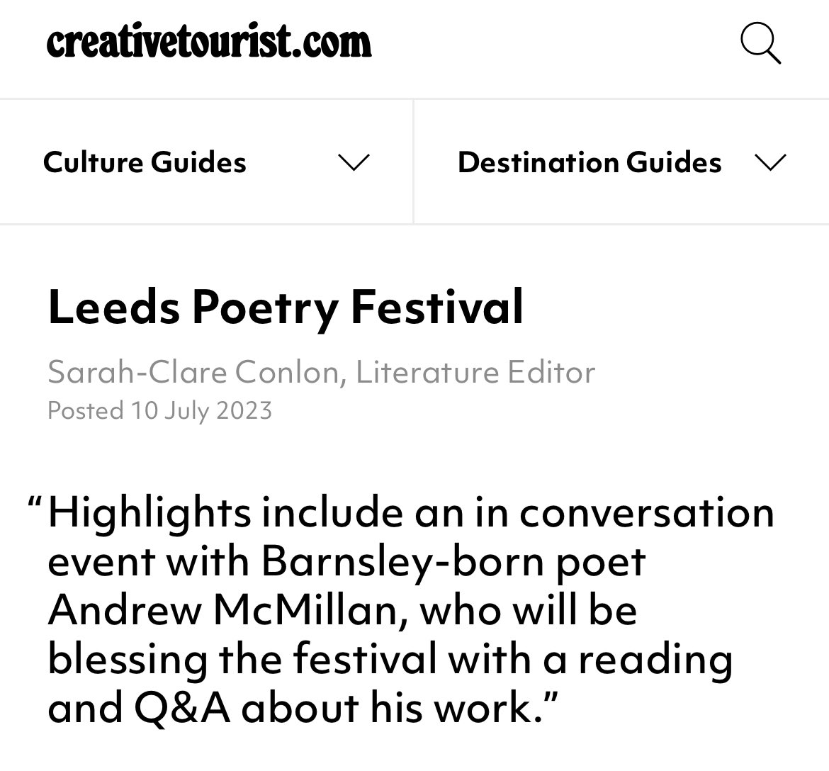 looking forward to being at @PoetryLeeds this Saturday afternoon! Here’s a full write-up of the festival from @creativetourist 

creativetourist.com/event/leeds-po…