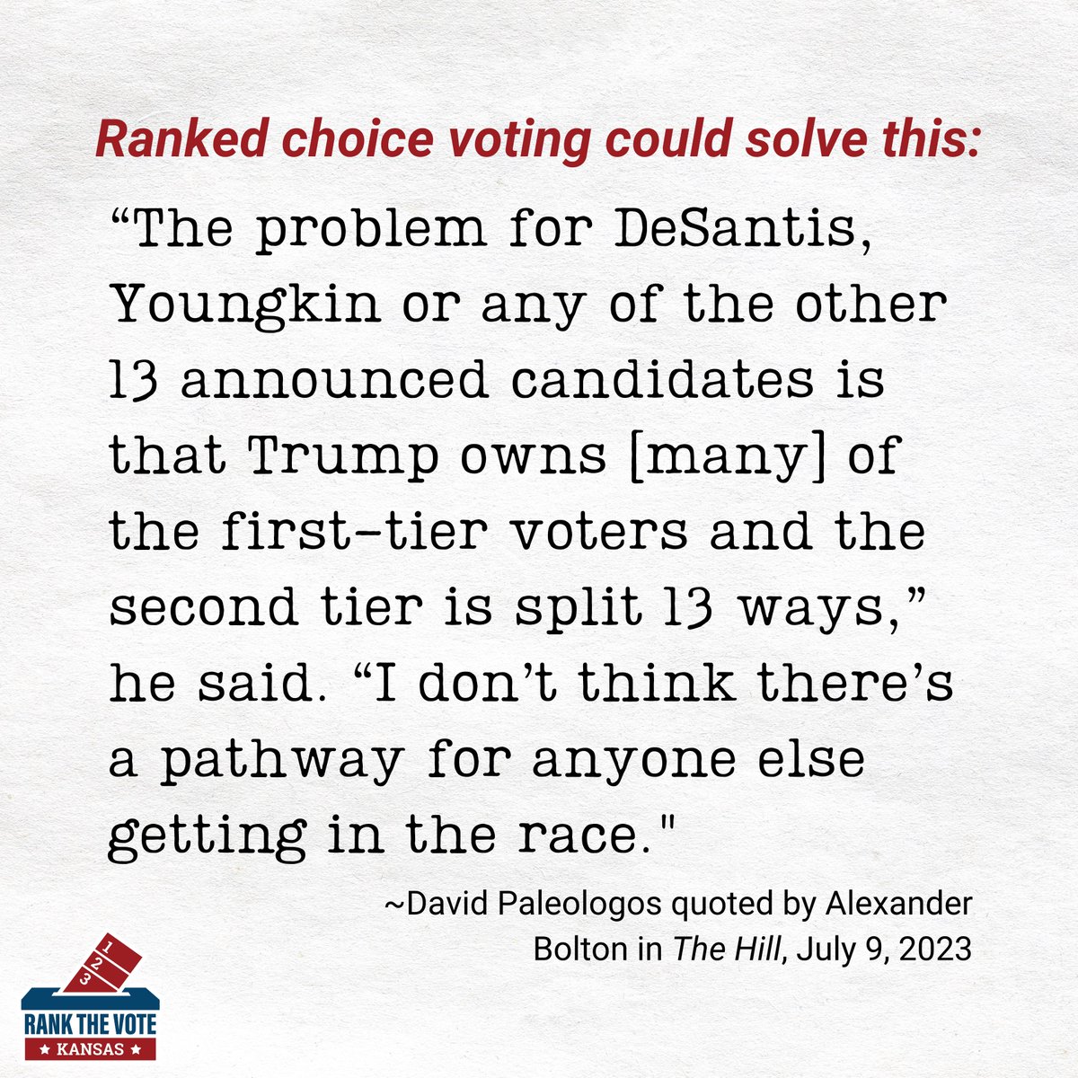 RankTheVoteKS's tweet image. The @GOP could easily solve this dilemma by using #RankedChoiceVoting in their presidential primaries. Do they really want to nominate a losing presidential candidate because one candidate with a &amp;gt;60% unfavorability rating lost in Alaska? #ksleg
thehill.com/homenews/campa…