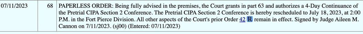 Judge Aileen Cannon has agreed to reschedule the first pre trial CIPA (Classified Information Procedures Act) hearing to July 18, when all counsel have said they can be present, following a request by Walt Nauta’s attorney Stanley Woodward.