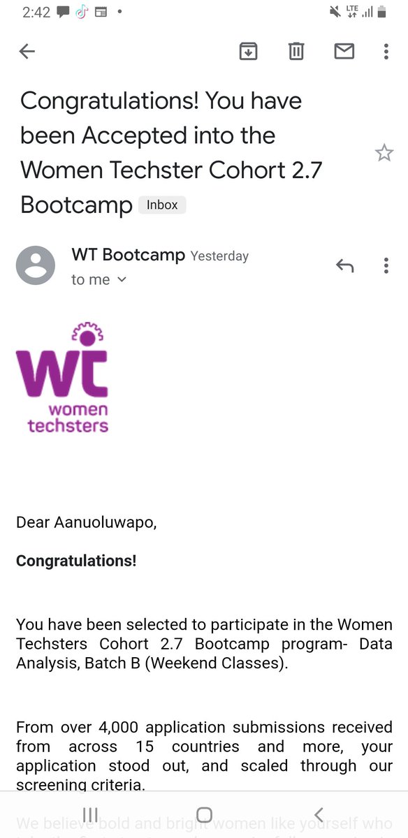 AanuOlonade's tweet photo. I'm so glad that I got admitted for this cohort to explore Tech. Thanks so much for this great opportunity @Tech4DevHQ 

I look forward to learn through this program.😊 https://t.co/v0epbF45Q0