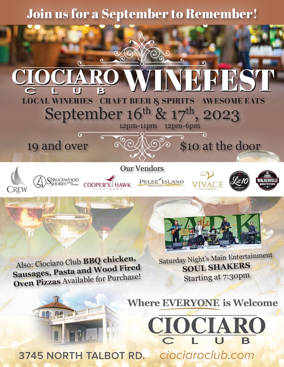 Join us for our first ever Ciociaro Club Winefest!

Event will be running for 2 days, Saturday &amp; Sunday September 16 &amp; 17.

Local wineries and breweries are participating and we will be selling food each day!

Don't miss out! 19+ only, $10 admission upon entry.