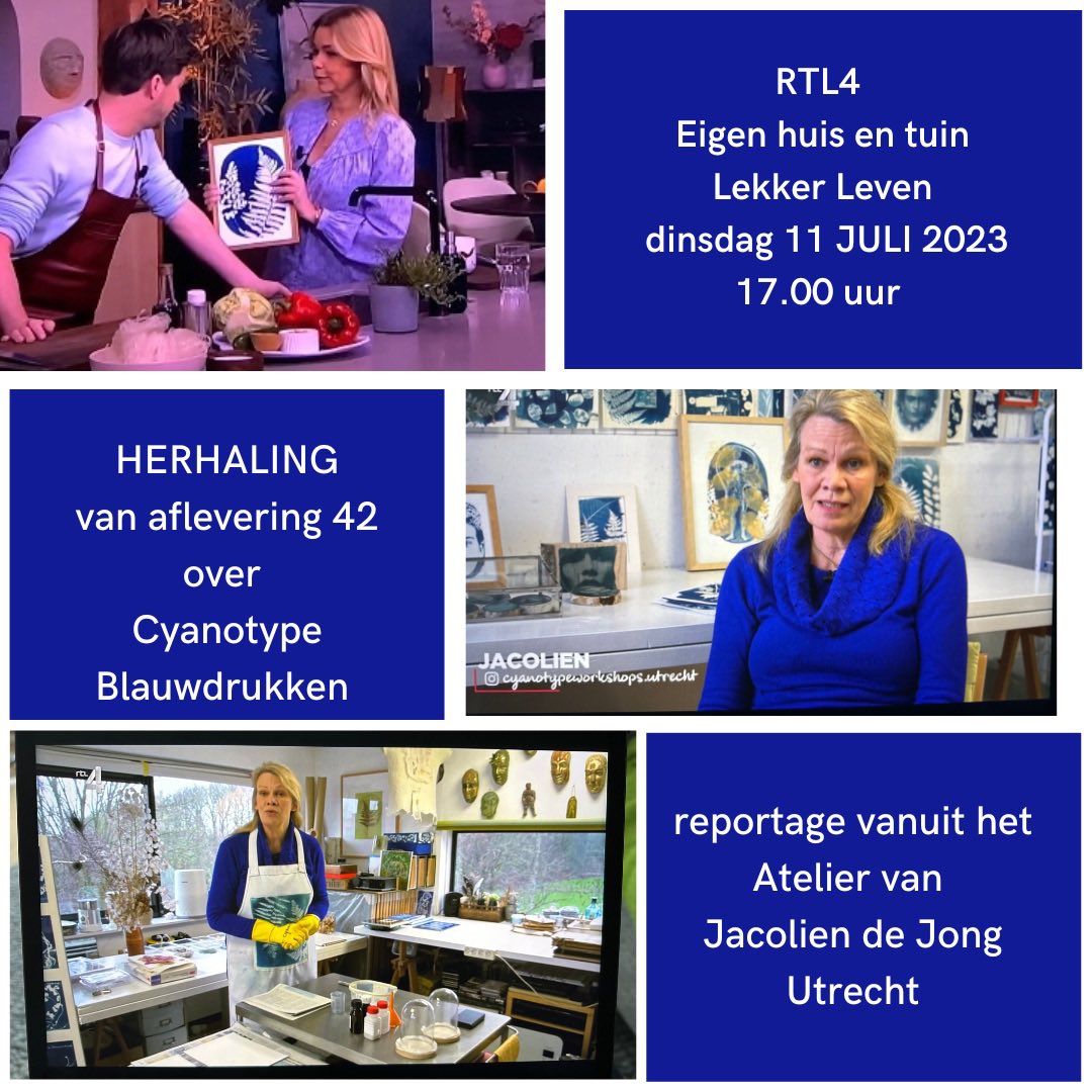 Vandaag dinsdag 11 juli 2023 17.00 uur Reportage in het programma <a href="/rtl_ehet/">Eigen Huis & Tuin</a> vanuit mijn atelier in Utrecht over Cyanotype blauwdrukken. #kunst #utrecht #creatief #blauwdrukken
