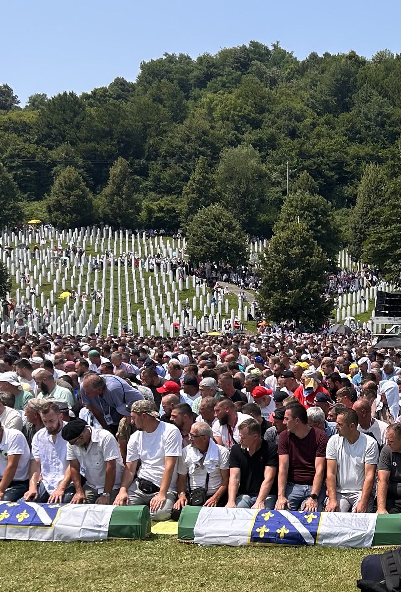 Potocari Memorial, Srebrenica, 11July 2023. Almost 7,000 victims of the genocide laid to rest. Each identification based on scientific proof and linked to crime scenes across Eastern Bosnia. Evidence provided in over 30 criminal trials. Stop the denial.