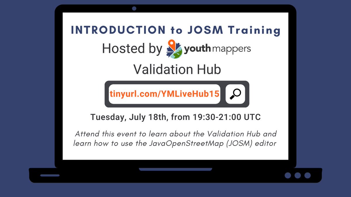 Join the #YouthMappers validation hub next Tuesday 📅 July 18th and learn how to use #JOSM editor! This virtual training session begins at 19:30 UTC. Reserve a spot ➡tinyurl.com/YMLiveHub15