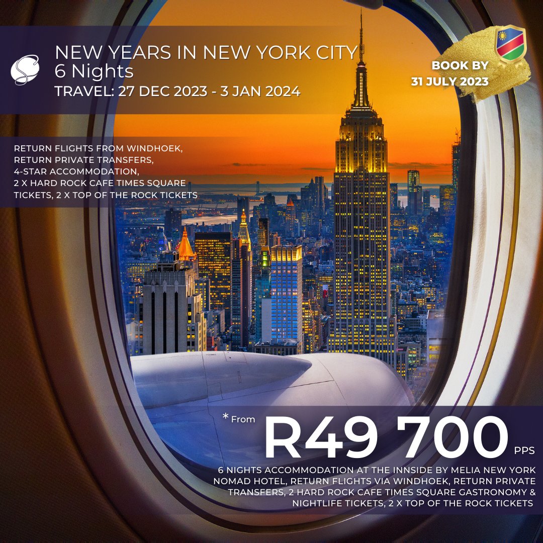 SignatureTrav11's tweet photo. News Years in New York special offers for South African and Namibian travellers. Book now via info@signaturetravel.co.za. Limited availability. Ts&amp;Cs apply. #TravelDealsSA #TravelGoals https://t.co/w3d3wwPKMD