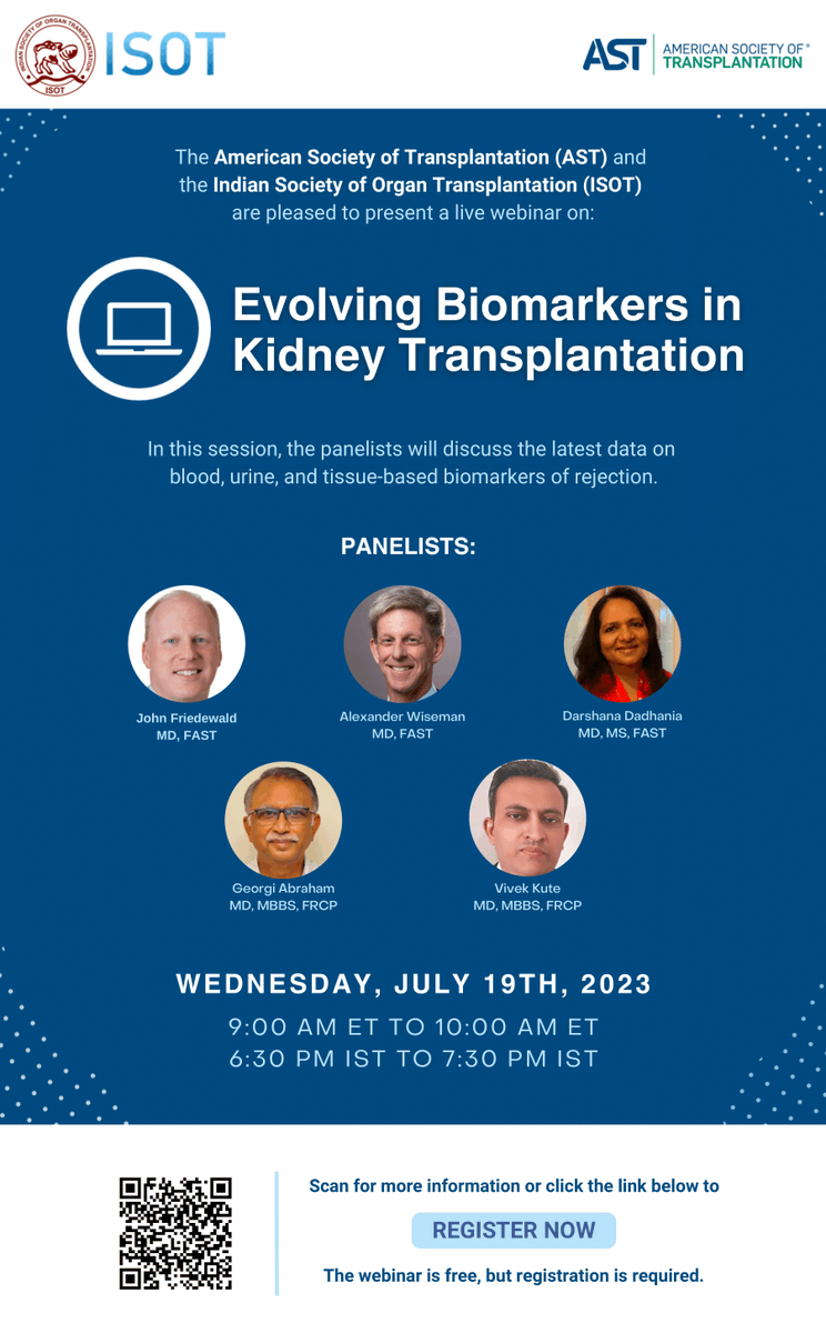 Join us on Wednesday, July 19, at 9am ET for a webinar on 'Evolving Biomarkers in Kidney Transplantation,' presented by the AST and ISOT. bit.ly/43jxk90 #TransplantTwitter