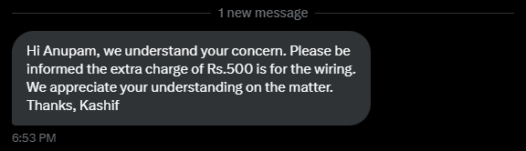 anu9am's tweet photo. I'm gonna file a cyber complaint if Airtel doesn't take action against this fraud.

1) In the name of 'Free Installation', from when did Airtel started charging Rs. 500 for wiring?

2) Why did the executive said that he'll refund the amount?

@Airtel_Presence @airtelindia https://t.co/dzKIg0vGgA