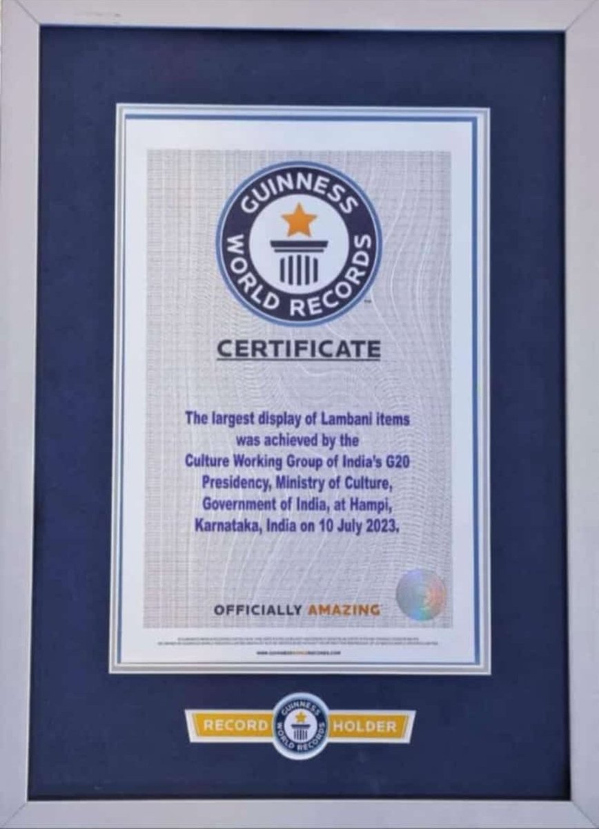 alone_salaga's tweet photo. Guinness World Record for ‘largest display of Lambani items’ during 3rd G20 Culture Working Group Meeting in Hampi, Karnataka
#Lambani 
#Karnataka
#GuinnessWorldRecord https://t.co/vsbmaFS60V