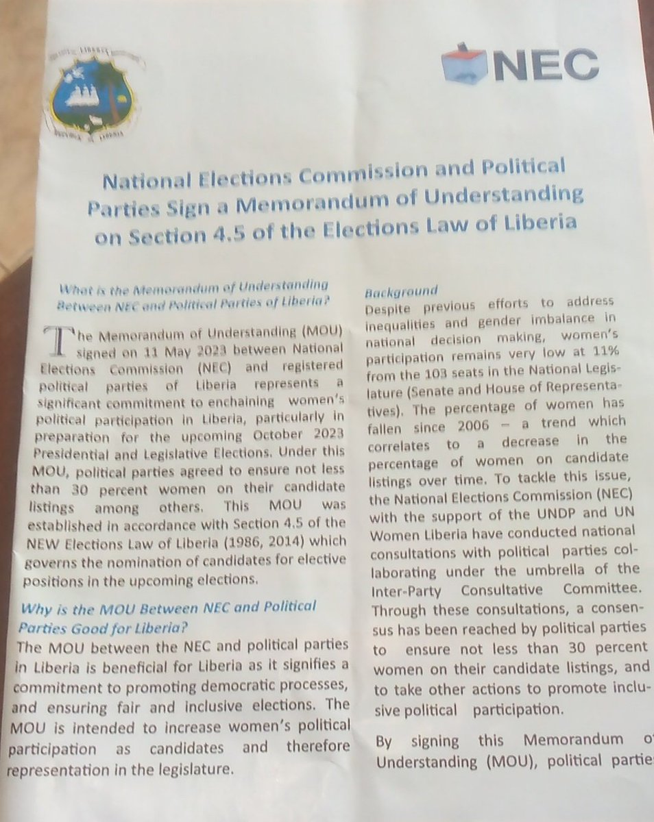 johnson_tamba's tweet photo. Female political participation faces major setback in Liberia for October 10, 2023 General and Presidential Elections as the May 11, 2023 MOU signed by Political Parties for 30 %
females inclusion dumped. 80 out of 500 plus registered candidates are females. https://t.co/maEd4nZqxi