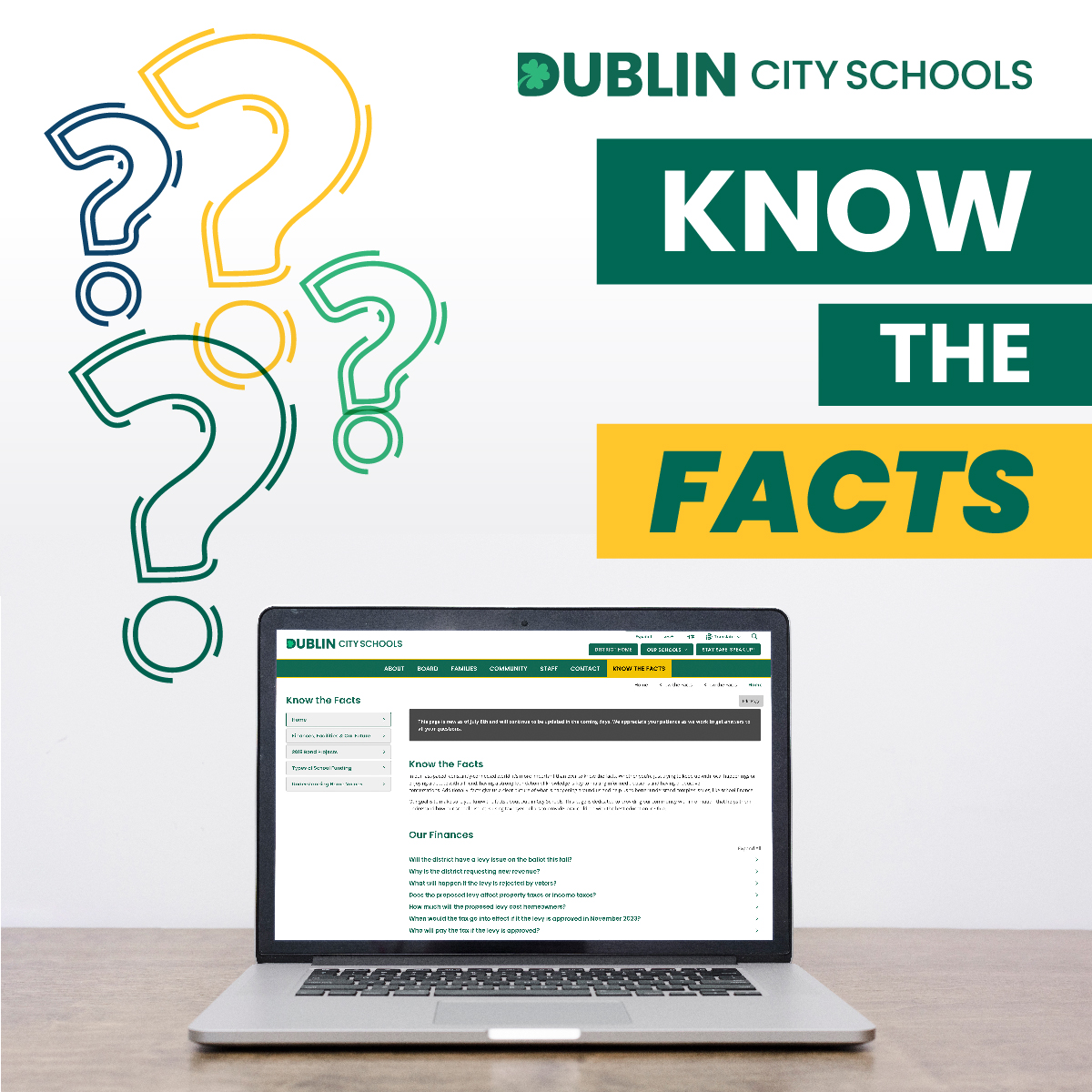 Did you know we have a new addition to our DCS homepage? Click the 'Know the Facts' button to learn about our district's finances, facilities and future. Check back often for answers to the latest questions. tinyurl.com/dcsfacts