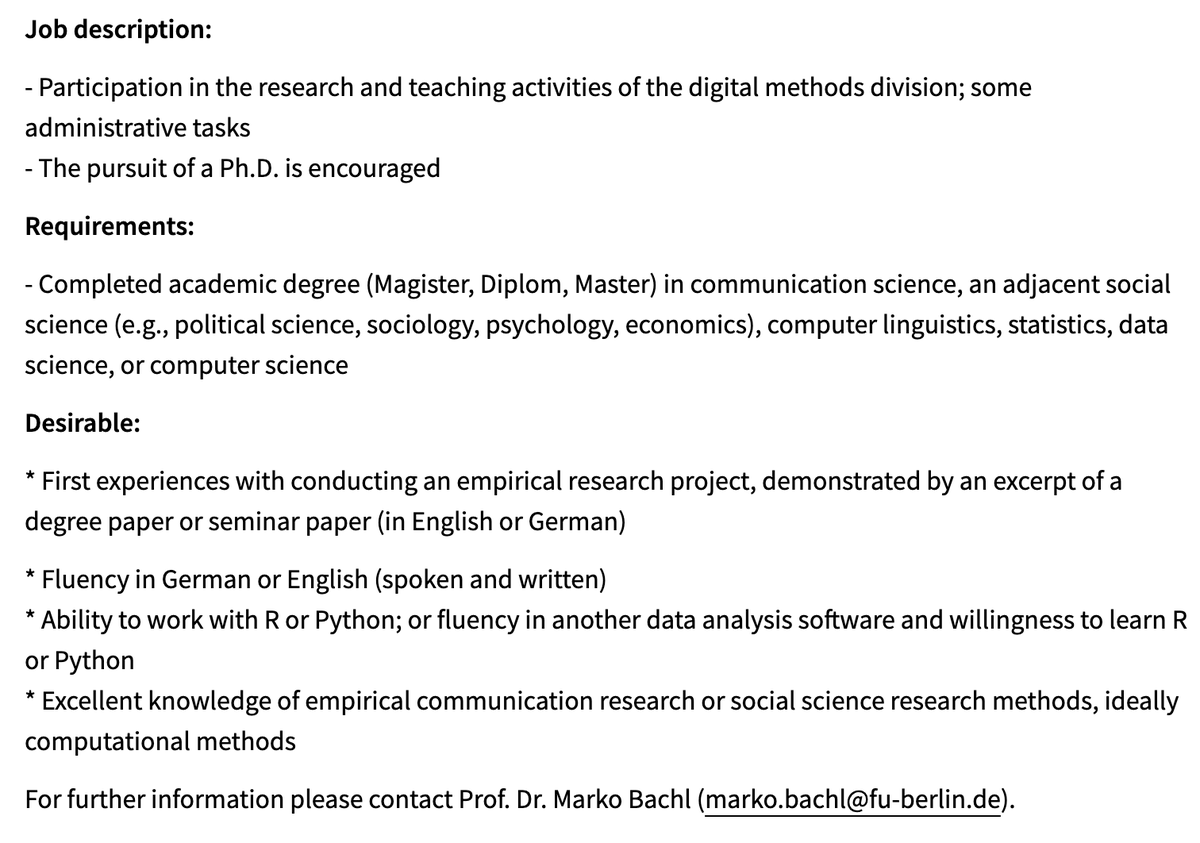 Are you interested in empirical communication research and digital research methods? Do you know anyone who is? I offer a funded (65%, 5 years) PhD student position at @FU_Berlin's @pukberlin. Deadline: 31.7. Reach out if you have any questions. fu-berlin.de/universitaet/b…