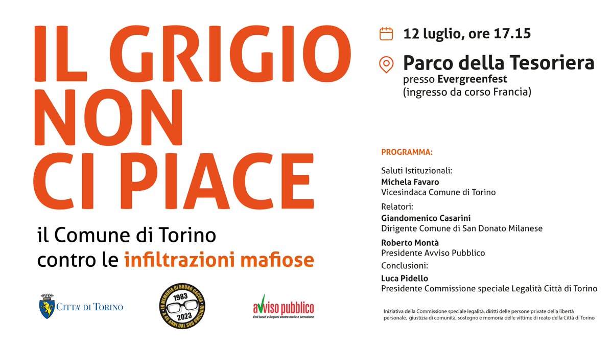 Illuminare le zone grigie della città, dove si intersecano interessi e giri d'affari opachi. Ne parliamo il 12 luglio a #Torino 📣 Incontro pubblico contro le infiltrazioni mafiose 👥 con la @twitorino e @avvisopubblico Leggi qui 📲 tinyurl.com/4bsvzc66