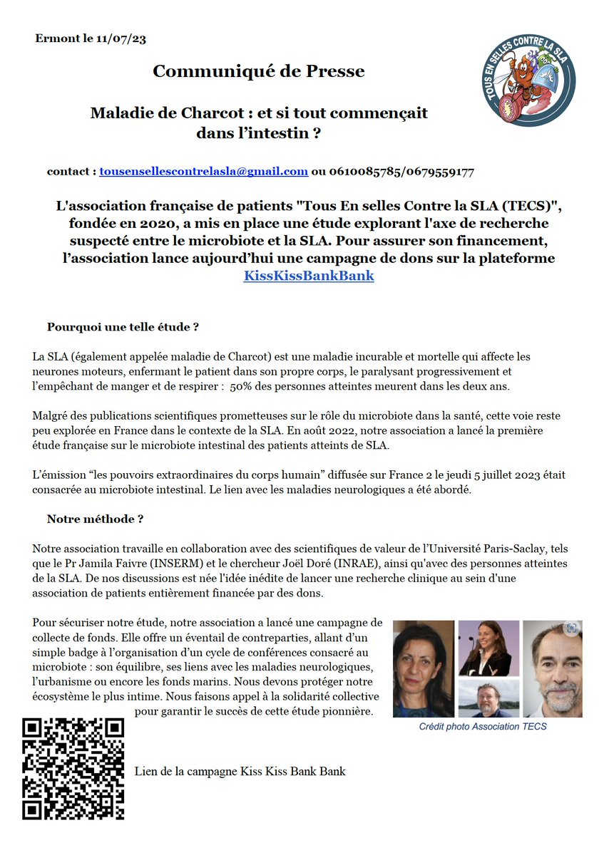 Ci-joint veuillez trouver notre communiqué de presse pour nous aider au financement de notre étude SLA_microbiote.
Merci pour vos partages et vos contributions ! 
Lien de la campagne: kisskissbankbank.com/.../etude-sla-…...

#microbiote #sla #als #recherche