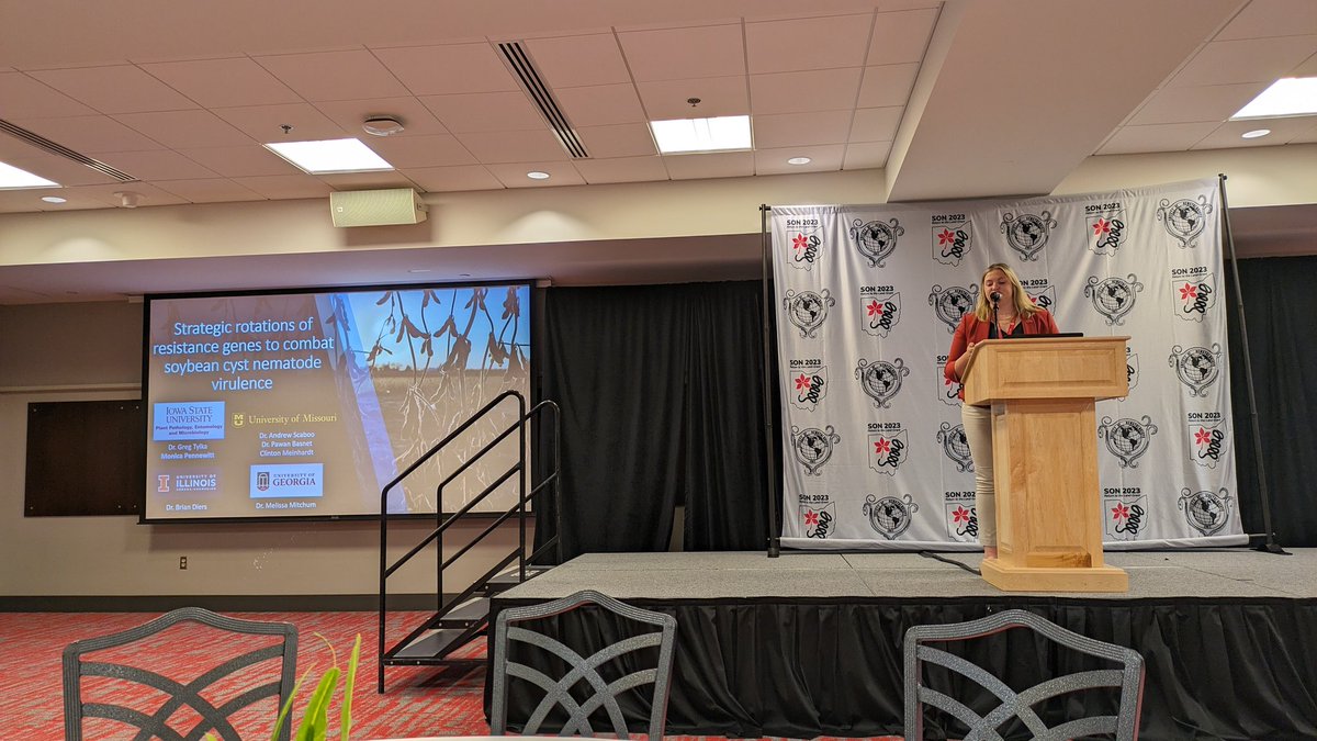 PhD candidate Monica Pennewitt from Iowa State University presenting her research in the #SON2023 student competition.

Assessing changes in soybean cyst nematode populations and virulence with rotation and stacking of resistance genes in soybean.
