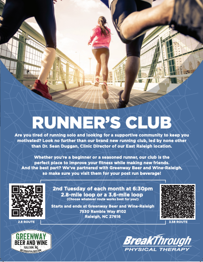 PTBreakThrough's tweet image. We can't wait to get the running crew together again! Our Running Club meets tonight at 6:30pm at Greenway Beer and Wine-Raleigh! See you soon 🏃‍♂️🏃‍♀️👟