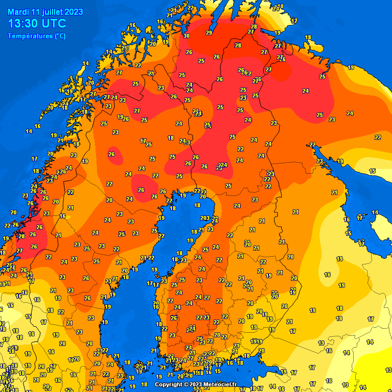 RAM_meteo's tweet photo. Se llega a los 30 ºC en el círculo polar ártico  en zonas de Escandinavia.   🥵🥵😱😱😱
11julio 2023 @meteociel https://t.co/IGdDKgUWo1