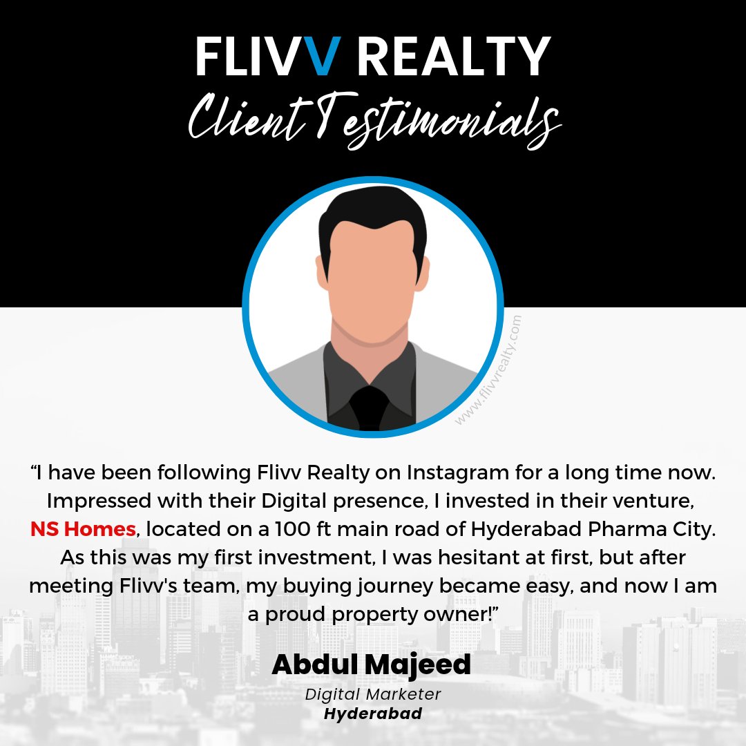 Flivv's tweet photo. What our clients have to say about us! 🤗

NS Homes - Client Testimonial
Abdul Majeed

Invest money wisely in Real Estate 🏘️

#flivvrealty #nshomes #openplots #pharmacity #hyderabad #realestate #realestateclient #customerreviews #happyclient #openplots #realestateinvestment https://t.co/55Wc8Y6OVx