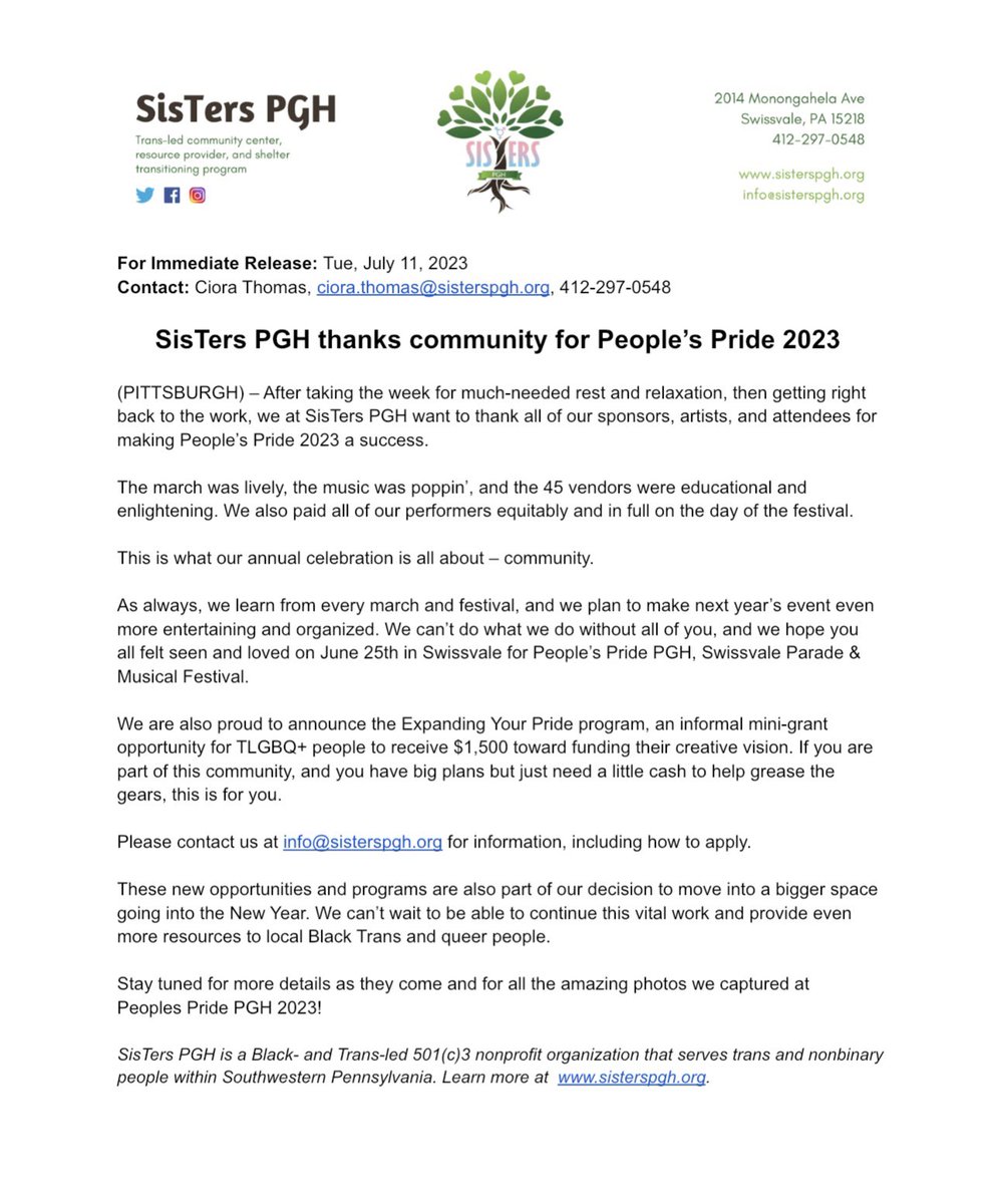 SisTersPGH's tweet photo. For Immediate Release (Updated)💕🗞️🏳️⚧️
Thank you community and shout out to YOU💕🤌🏾 See you next year🫰🏾🏳️⚧️💕
For more info about the Expanding Your Pride Mini Grant, please visit linktree in bio. #PrideMonth #PeoplesPride #BlackTransLivesThrive #BlackTransLeadership https://t.co/9izpNN77u2