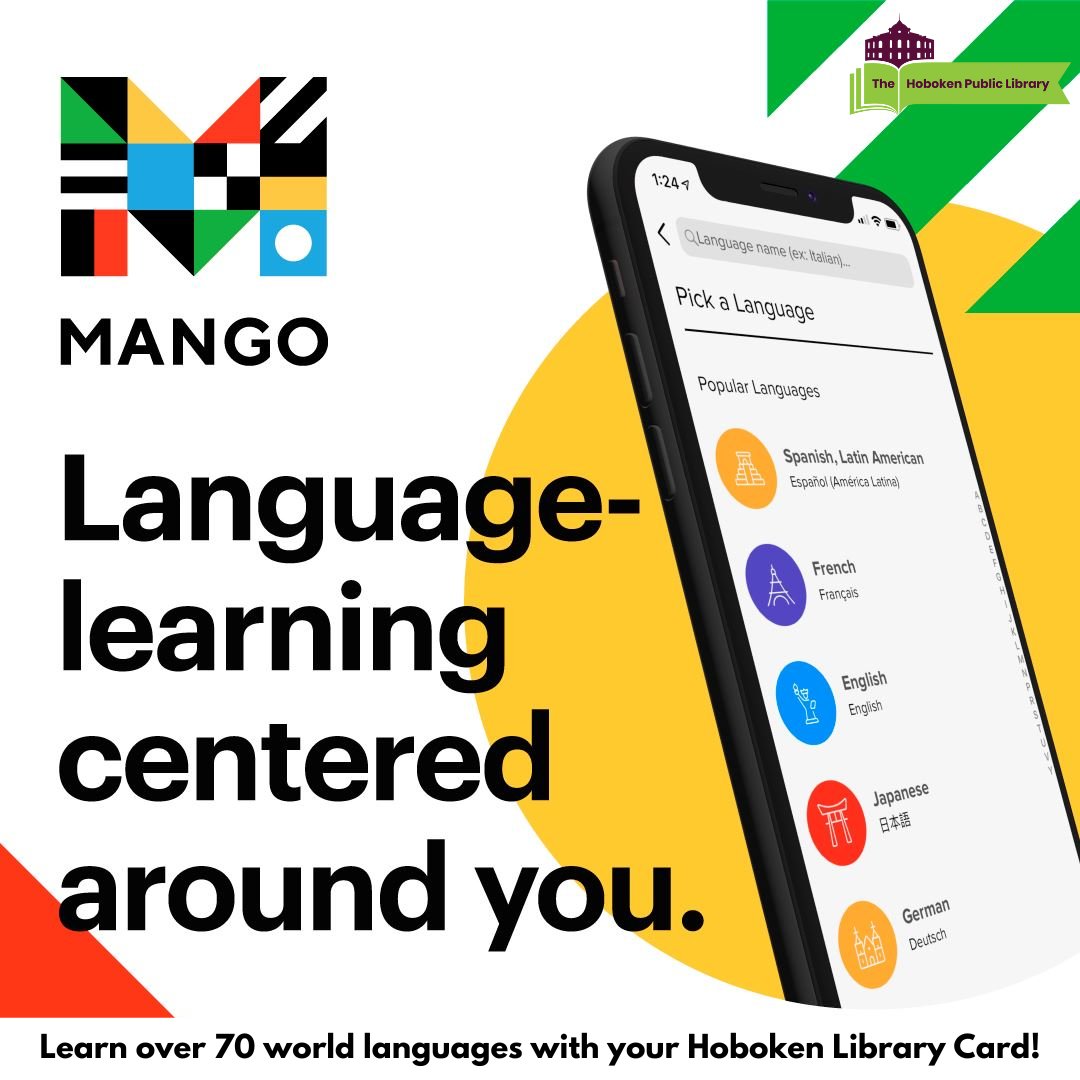 Looking to learn a new language? @MangoLanguages teaches over 70 world languages — for FREE! Each course can be learned offline or hands-free using the Mango app. All you need is a Hoboken Library Card to get started today! Sign up at bit.ly/HPLDownload.