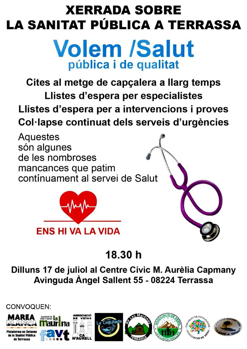 defensasanitat's tweet photo. ⚠️⚠️Dilluns 17/07/2023
➡️La #PDSPT Marea Blanca #Terrassa continuem amb xerrades, sobre les deficiències de la Sanitat Pública a la nostra ciutat #Terrassa.
🚨Perquè l'accés a la Sanitat és un Dret, i no un Negoci. https://t.co/lc3HBXr9jH