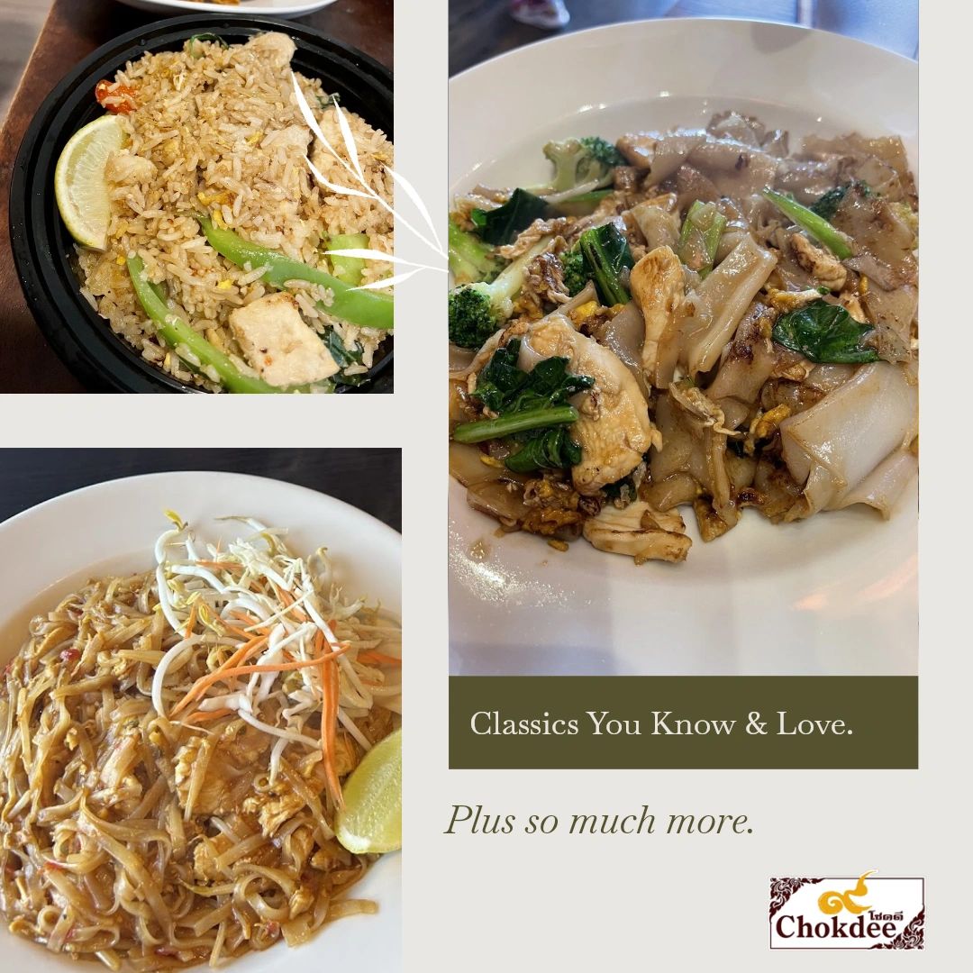 Chokdee_RR's tweet photo. It's okay if you're not feeling adventurous. We've got classics like Basil Fried Rice, Pad Thai, Pad See Ew, and more to satisfy your cravings. See our full menu on our website before joining us for a bite today: https://t.co/Uon7MNGe4J. https://t.co/eW7ohKhOMA