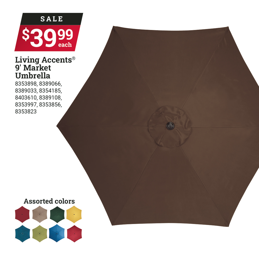 curtsace's tweet photo. We have you covered when coming to shading yourself from the summer sun. Get a Living Accents 9’ Market Umbrella for the sale price of $39.99. Offer valid at participating locations June 28-July 31. #MyLocalAce https://t.co/7mXm5ldsM6