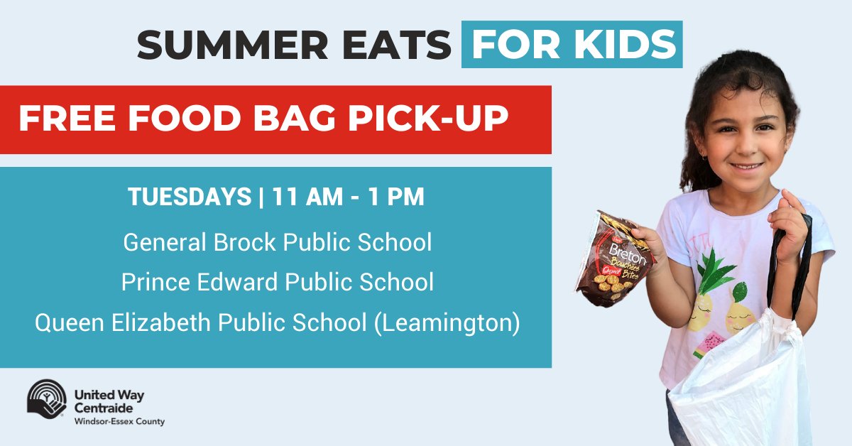 🌞 TODAY! Summer Eats for Kids FREE Food Pick-Up! 

📅 Tuesdays

📍 Locations: General Brock, Prince Edward &amp; Queen Elizabeth (Leamington) 

⏰ Time: 11:00am - 1:00pm 

#YQG #SummerEats4Kids

<a href="/CityWindsorON/">City of Windsor</a> <a href="/windsoriteDOTca/">windsoriteDOTca News</a> <a href="/AM800CKLW/">AM800 CKLW</a> <a href="/CBCWindsor/">CBC Windsor</a> <a href="/CTVWindsor/">CTV Windsor</a> <a href="/VirginRadioWin/">Virgin Radio Windsor</a>