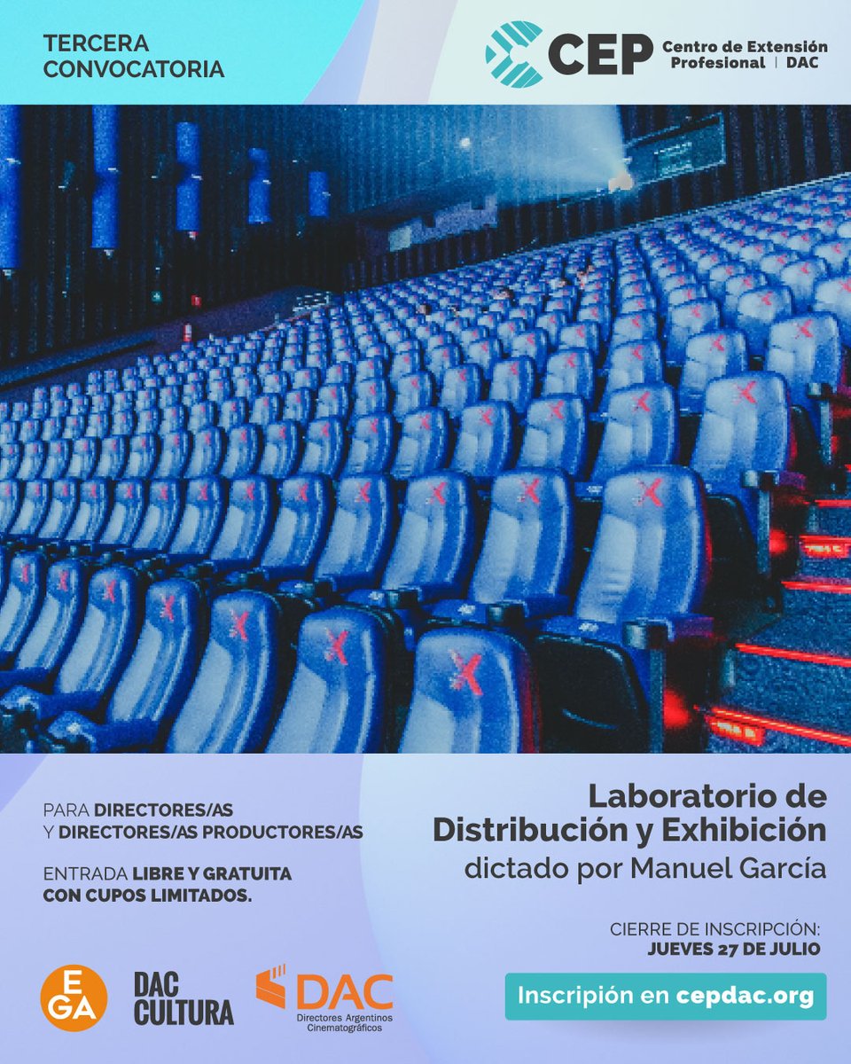 dacdirectores's tweet photo. 📣 ¡Abierta la tercera convocatoria!

🎬 Laboratorio de Distribución y Exhibición para Directores/as y Directores/as Productores/as

✍️ A cargo de Manuel García

📺 Modalidad online

📲 Requisitos e inscripción en https://t.co/1TdLhffxsZ

#dacdirectores #cepdac https://t.co/hfNRxzHq1V