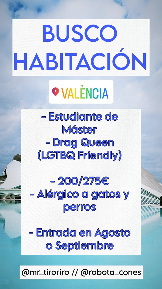 robota_cones's tweet photo. Caris, busco habitación en València para entrar en agosto o en septiembre!!!!!

Por fa si me dierais un RT lo agradecería muchísimo 😭❤️ https://t.co/dj4lu9mvj2