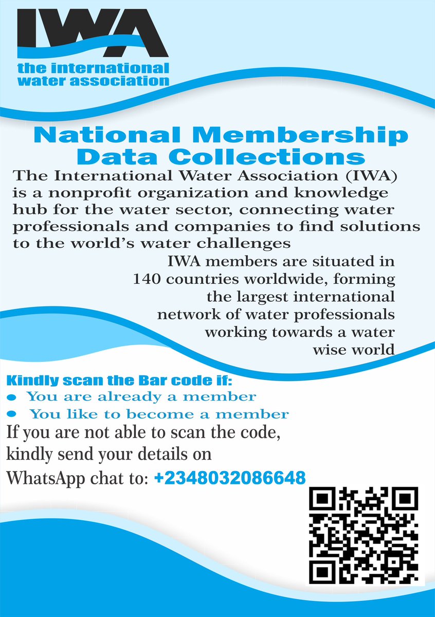 Are you a member of <a href="/IWAHQ/">International Water Association</a> ?
Would you like to be a member of IWA?
Kindly scan the barcode to register to be a member and also for National data collation.<a href="/ywp_Nigeria/">Nigeria Young Water Professionals</a> <a href="/FMWR_Nigeria/">Water Resources Nigeria</a> <a href="/Iiwaclagos/">Lagos International Water Conference</a> <a href="/USAIDNigeria/">USAID/Nigeria</a> <a href="/IWAHQ/">International Water Association</a> <a href="/ubmagashi/">Engr. Magashi Umar Bashir FNAH,FNAHS, FNIWE, FNMGS</a>