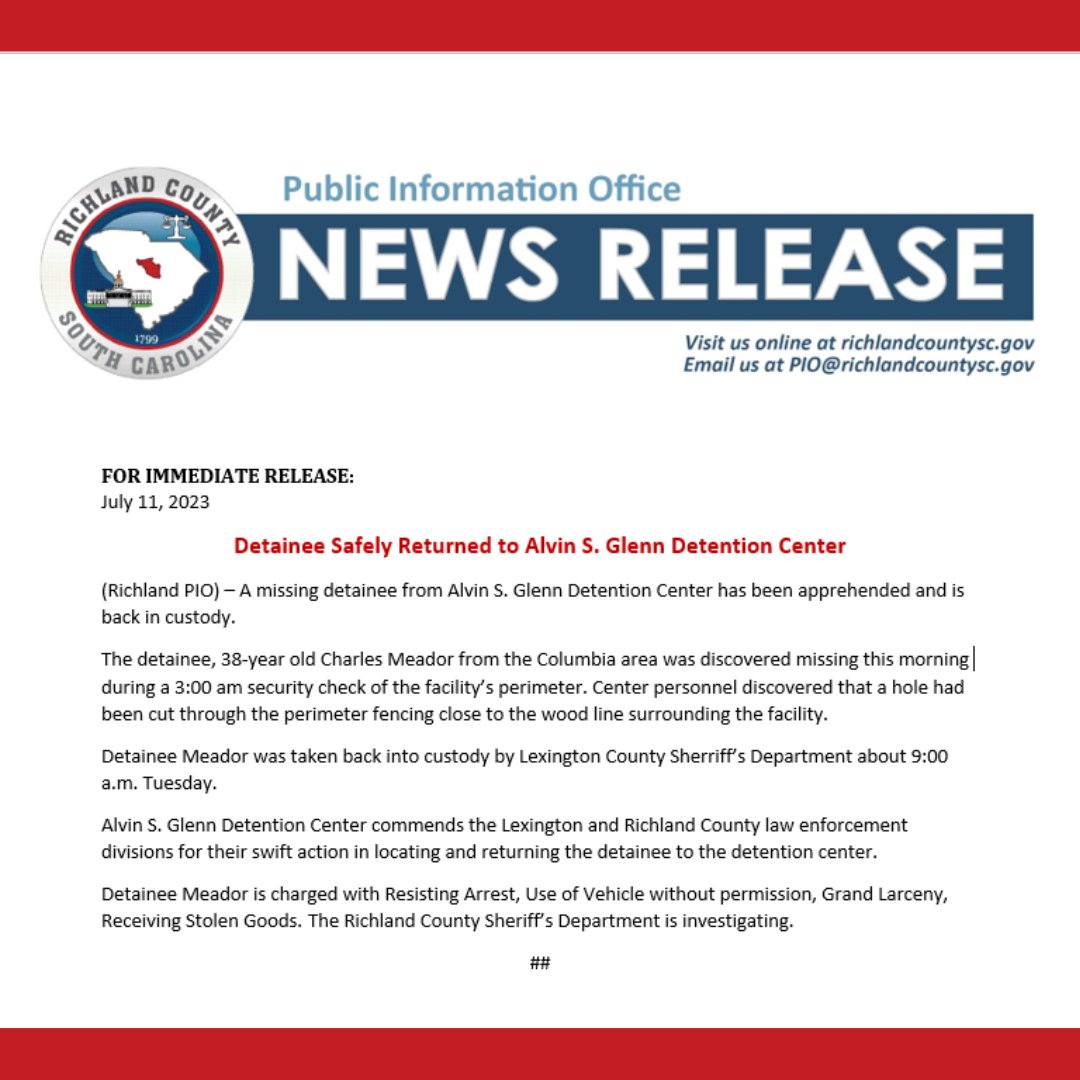 RichlandSC's tweet image. Statement on Alvin S. Glenn Detainee's escape and subsequent apprehension.

#ASG #RCSD #RichlandCountySC
