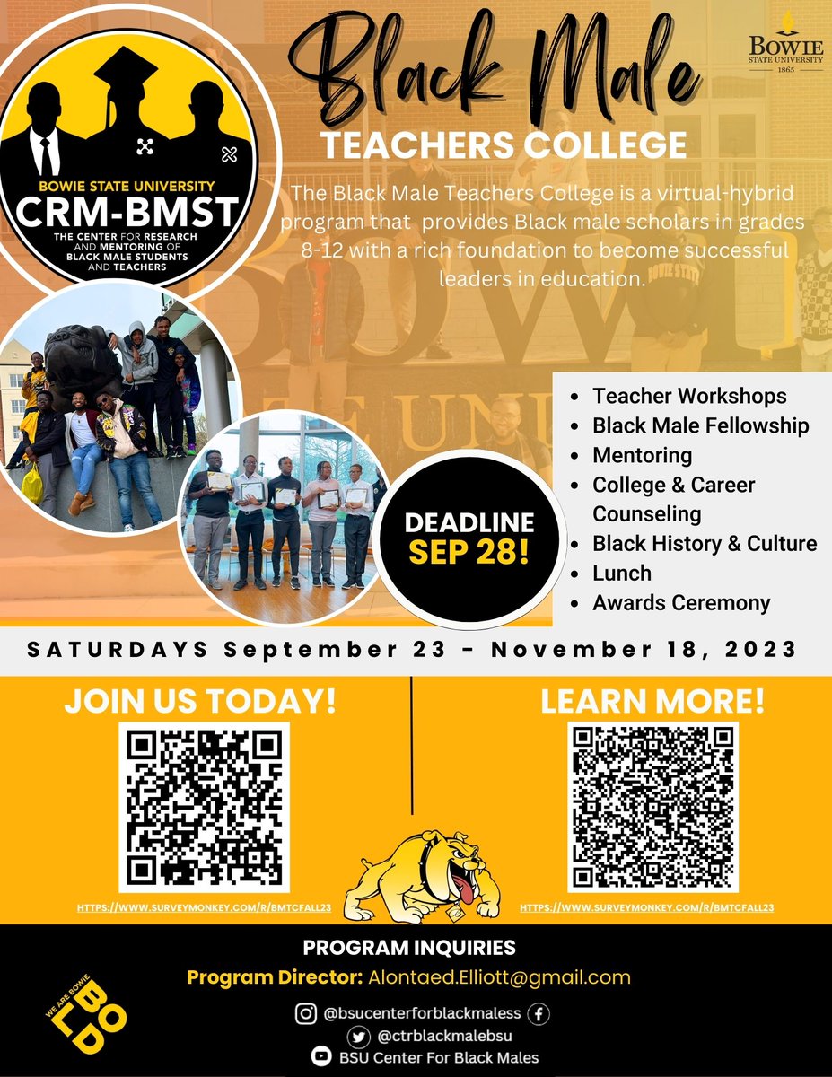 We're recruiting Black male students in grades 8-12 for the Black Male Teachers College [BMTC] Program at <a href="/BowieState/">Bowie State University</a>. BMTC Application: surveymonkey.com/r/BMTCFall23. We need you to help us recruit the next generation of Black male educators. Please share with your network.