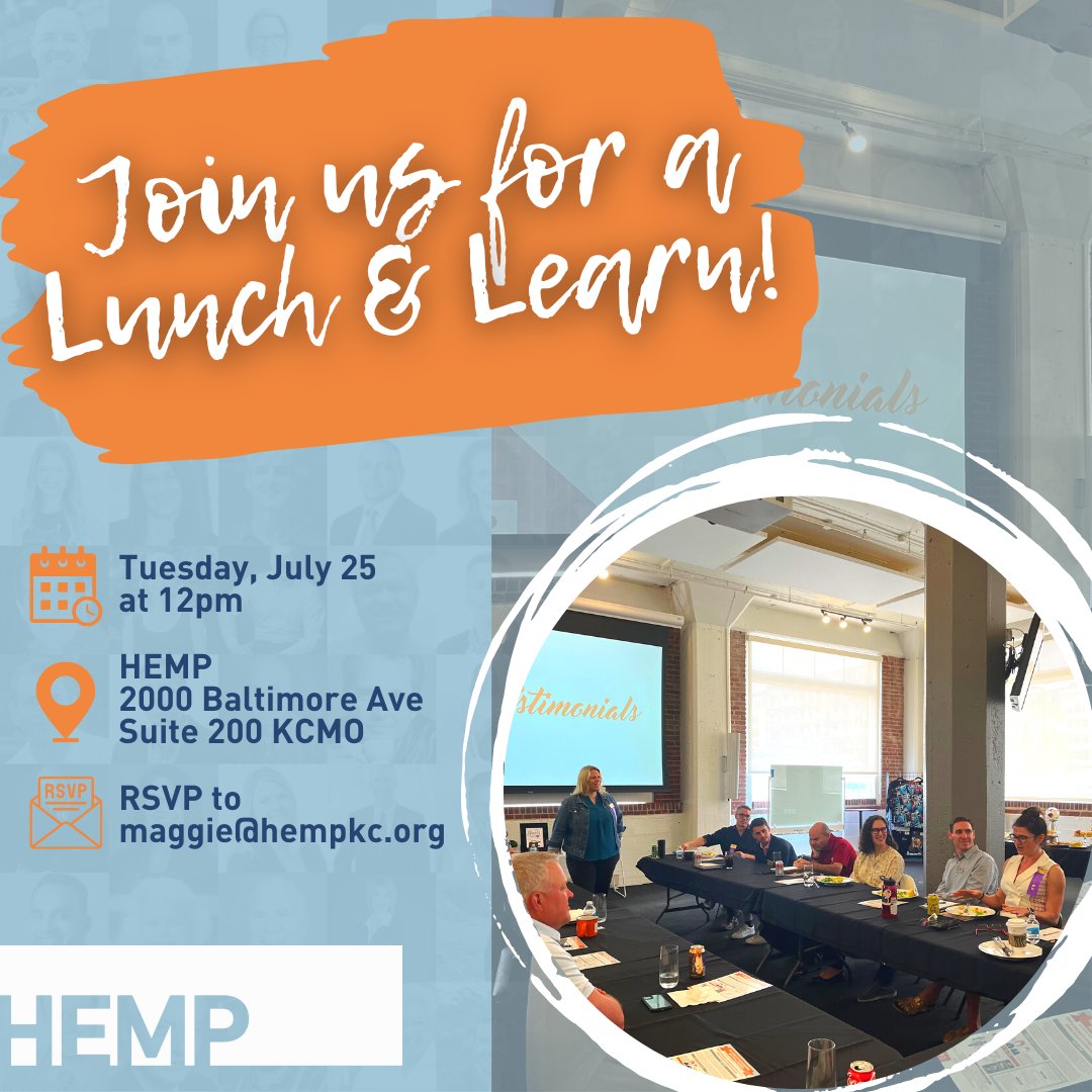 We're 2 weeks away from our next Lunch & Learn! Come have lunch & meet some of KC's top entrepreneurs who have benefited from HEMP!

RSVP to Maggie Johnson at maggie@hempkc.org or by phone 816.471.4368

#hempkc #kcbusiness #kcentrepreneur #kansascitybusiness #kcbiz #kansascitybiz