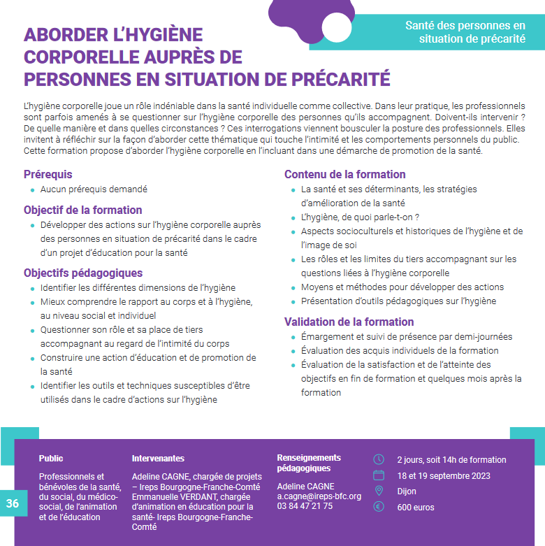 PromoSanteBFC's tweet photo. Les 18 et 19 septembre on vous propose une formation "Aborder l'hygiène corporelle auprès des personnes en situation de #précarité"
📍Dijon 
🧞‍♀️Avec @ACagneIrepsbfc 
https://t.co/qYDhu9BhZT https://t.co/duwdYQJ64H