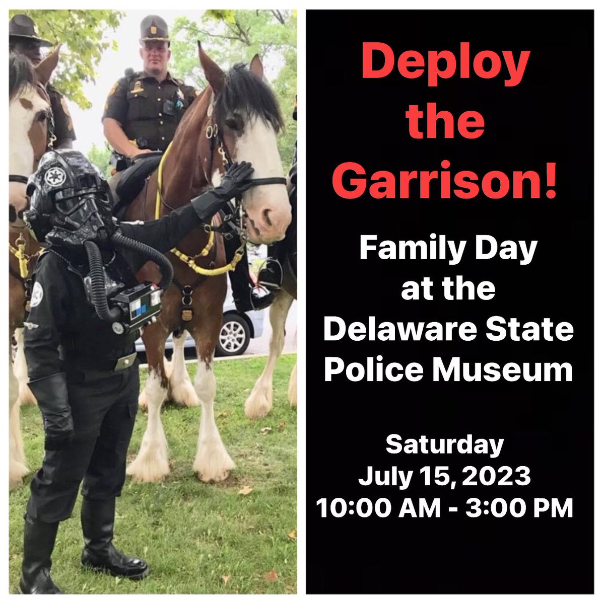 We will be deploying the Garrison on Saturday July 15, 2023 to this joint event hosted by the Delaware State Police Museum and Agricultural Museum.

#501stLegion #FirstStateGarrison #BadGuysDoingGood #DeploytheGarrison