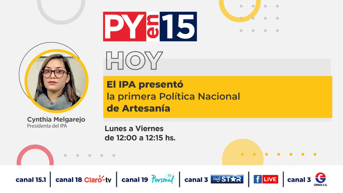 ParaguayTVHD's tweet photo. #PyEn15 El @IpaParaguay presentó la primera Política Nacional de Artesanía.
✔Hoy a las 12:00 por 📺#ParaguayTV https://t.co/dO3RT1yEto