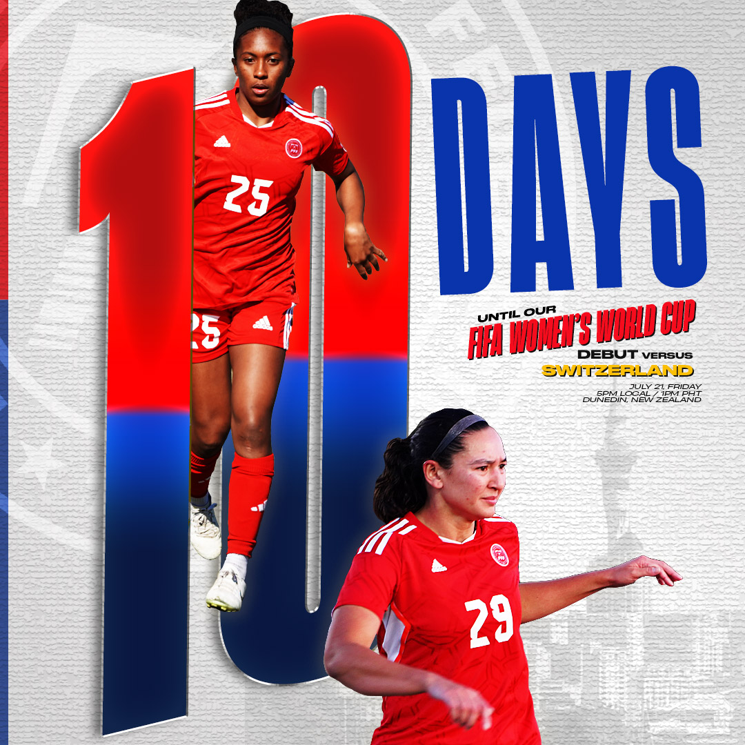 PilipinasWNFT's tweet photo. 🔟 𝗗𝗔𝗬𝗦 𝗧𝗢 𝗚𝗢

The Filipinas prepared for the #FIFAWWC with camps in Australia, Tajikistan, Spain, Chile and the United States in the last 18 months!

🔵🔴🟡 #LabanFilipinas #ParaSaBayan #WinTheMoment #FilipinasTayo #FWWC2023 https://t.co/stzhHkkpyn