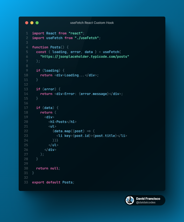 daidaicodes's tweet photo. 🎣 React Custom Hooks Series: useFetch 🎣
The useFetch custom hook is one of the most useful ones since it's a powerful function that simplifies data fetching in React components.
#ReactJS #CustomHooks #juniordev #reactjsdevelopers #100DaysOfCode #javascript #webdev #useFetch https://t.co/RI6GHHjHa0