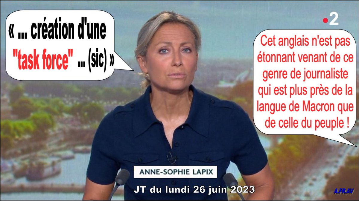 Afrav (@afrav1) on Twitter photo Et si on instaurait une TAXE FORTE contre les angliciseurs ?
CC : #Lapix #journalistes #information
#Arcom <a href="/Arcom_fr/">Arcom</a> <a href="/romaistre/">Roch-Olivier Maistre</a> <a href="/ncurien/">Nicolas Curien</a>
@France2tv
#JT20H #info #anglicisation
<a href="/MediateurFTV/">Médiateur France Télévisions</a> #NotreTélé
#France2 #francetv
#défrancisation #JeBalanceLesAngliciseurs #languefrançaise Et si on instaurait une TAXE FORTE contre les angliciseurs ?
CC : #Lapix #journalistes #information
#Arcom <a href="/Arcom_fr/">Arcom</a> <a href="/romaistre/">Roch-Olivier Maistre</a> <a href="/ncurien/">Nicolas Curien</a>
@France2tv
#JT20H #info #anglicisation
<a href="/MediateurFTV/">Médiateur France Télévisions</a> #NotreTélé
#France2 #francetv
#défrancisation #JeBalanceLesAngliciseurs #languefrançaise