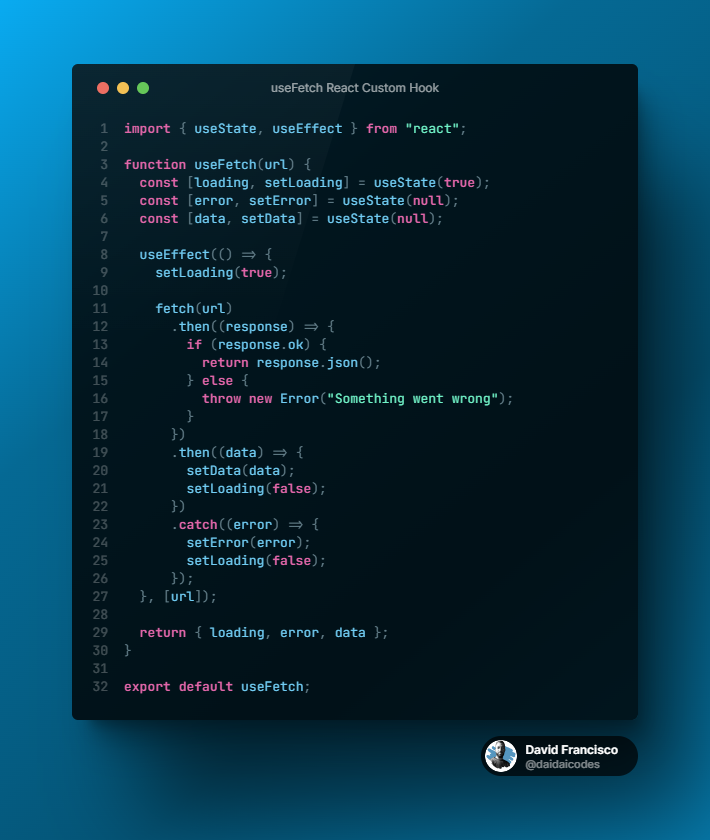 daidaicodes's tweet photo. 🎣 React Custom Hooks Series: useFetch 🎣
The useFetch custom hook is one of the most useful ones since it's a powerful function that simplifies data fetching in React components.
#ReactJS #CustomHooks #juniordev #reactjsdevelopers #100DaysOfCode #javascript #webdev #useFetch https://t.co/RI6GHHjHa0