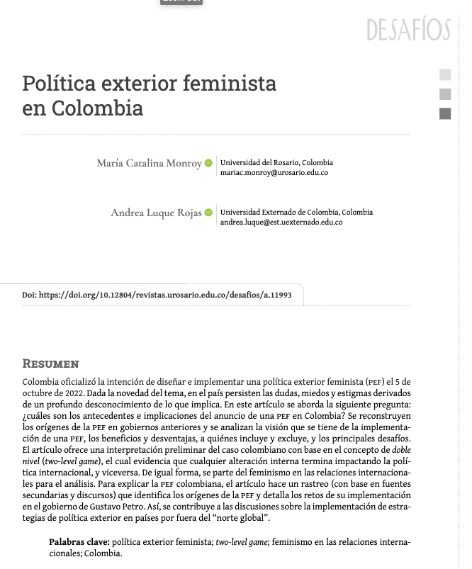 🟢NUEVO🟢 "Política exterior feminista en Colombia"
Por: Maria Catalina Monroy y Andrea Luque Rojas de <a href="/PoliticaUR/">PolíticaUR</a> y <a href="/SoyFIGRI/">Soy FIGRI</a> 

Consúltalo aquí #OpenAccess ⬇️
doi.org/kfdd