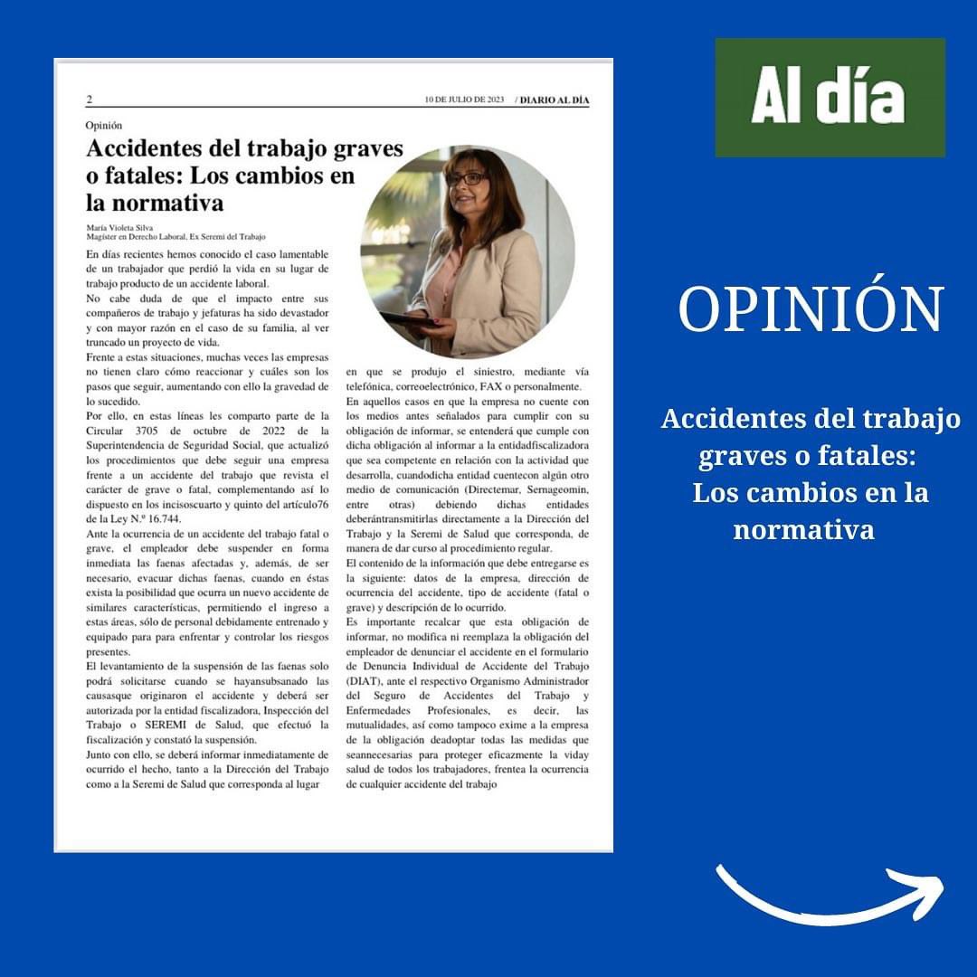 MariaVioletaSC's tweet photo. 📰 Ha sido una semana de harta prensa.

📌Aquí les dejo mi columna publicada por #diarioaldía sobre “Accidentes del trabajo graves o fatales: Los cambios en la normativa”.

Te invito a leerla https://t.co/RljKgb7tkr