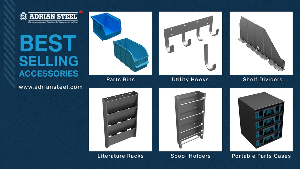 AdrianSteelCa's tweet photo. Have you ever wondered what to add to your van to help you be more efficient? Here are the top-selling accessories. Looking for more? See our full list of accessories.  https://t.co/yR59XMv5HM   #AdrianSteelCanada #VanUpfit #VanAccessories https://t.co/ceCCS6hp8m
