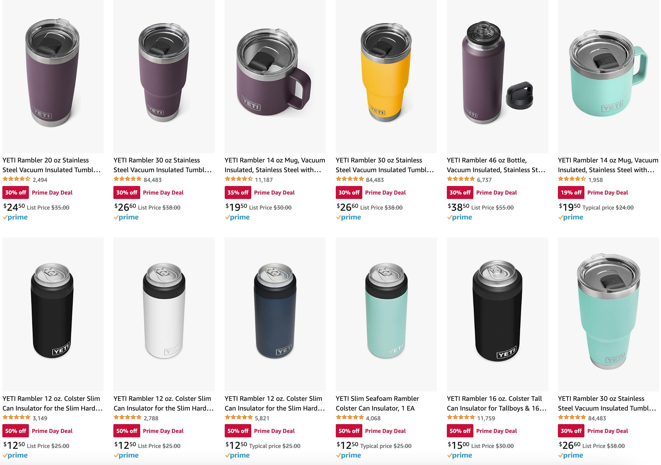 Yeti tumblers, can insulators, coolers are up to 50% off for Prime