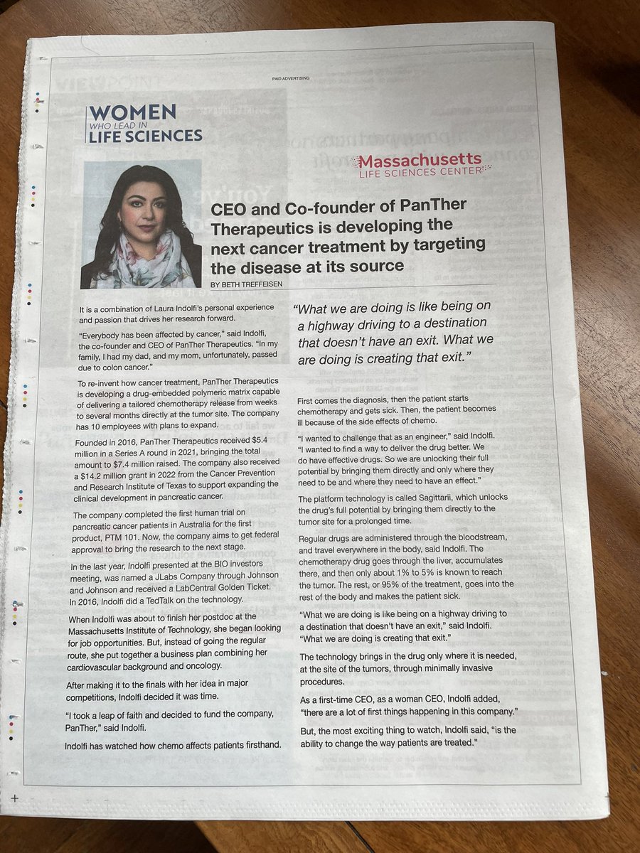 PanTherTx's tweet photo. Thanks @BosBizJournal &amp; @MALifeSciences for featuring our CEO @LauraIndolfi as part of the “Women who lead in Life Sciences” Serie!We are working relentlessly to change the status quo in cancer treatment by bringing the fight directly at the tumor🎯! #AttackingCancerAtTheSource™️ https://t.co/rI3Vl1fuRZ