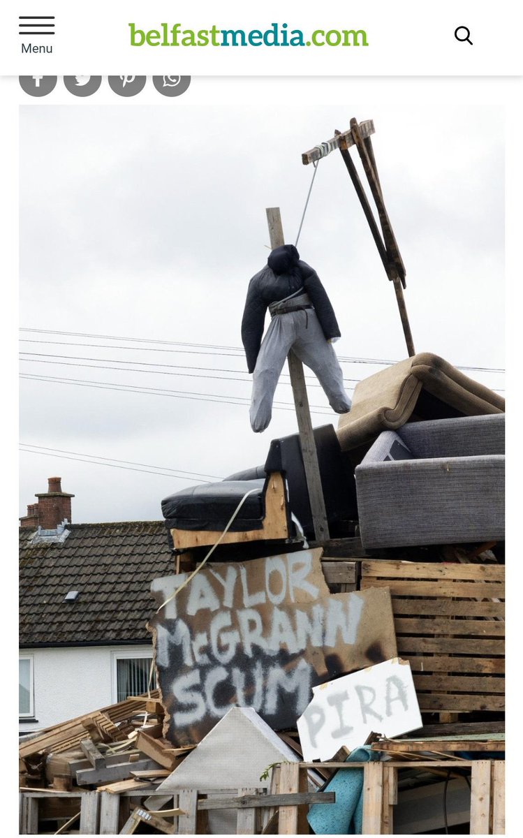 This is the Rathcoole Bonfire in
North Belfast. There is an effigy of local Sinn Féin Cllr Taylor McGrann with a noose around his neck &amp; scum written. Totally devoid of humanity &amp; should be removed by the local community. #bonfires
