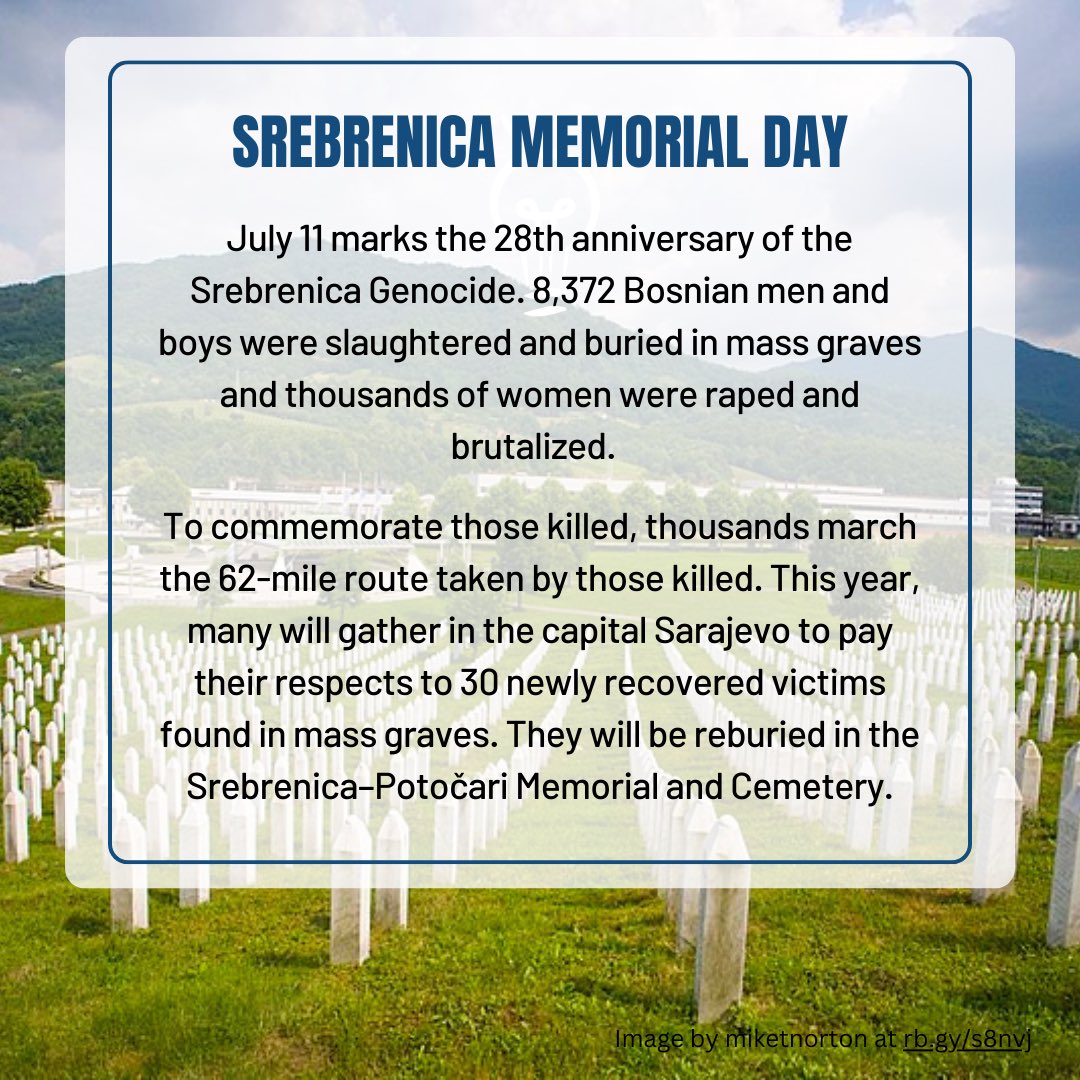 28 years ago the Bosnian #Serb Army of Republika Srpska overran a U.N.-protected safe haven and killed at least 8,372 #Bosnians. 

The Srebrenica Genocide was part of a larger #genocide intended to eliminate primarily Muslim Bosniaks after the breakdown of #Yugoslavia