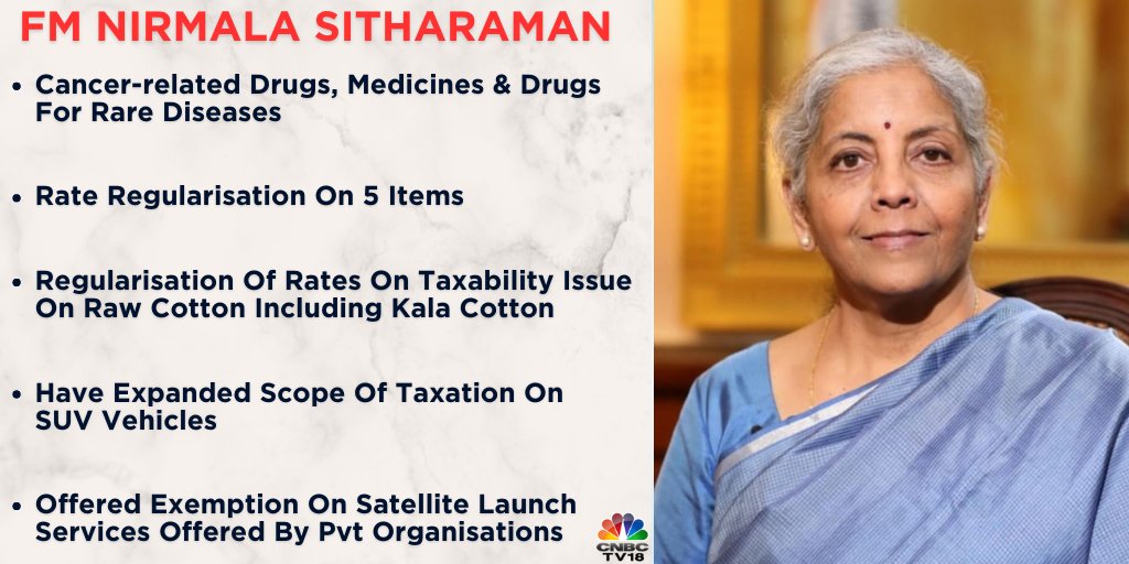 CNBCTV18Live's tweet photo. 50th GST Council Meet Outcome | #Rate of four items brought #down; Fish soluble waste down to 5% from 18%; imitation Zari thread/yarn down to 5% from 12%, says Finance Minister Nirmala Sitharaman (@nsitharaman) at the press conference

She adds, #exemptions have been provided on 3 items

#GSTCouncilMeeting