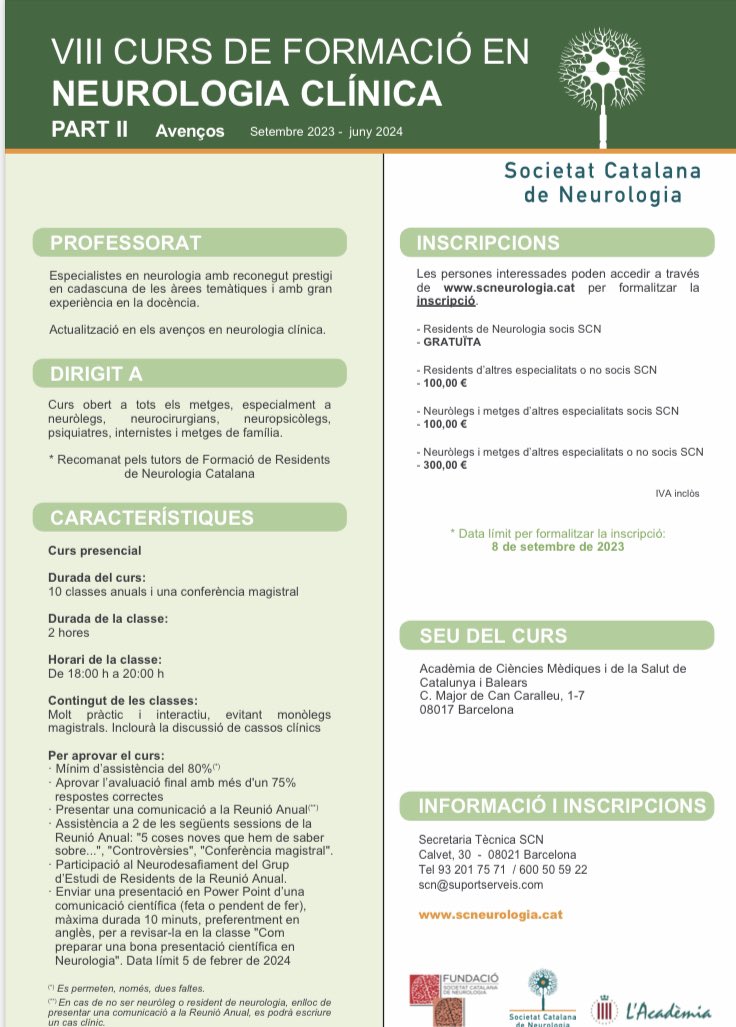 SCatalanaNeuro's tweet image. Obertes les inscripcions pel VIII Curs de Formació en Neurologia Clínica-part II !!! Una actualització detallada de tots els avenços en neurologia! Animeu-vos!! Trobareu tota la informació a la web de la @SCatalanaNeuro. scneurologia.cat 🧠 🧠